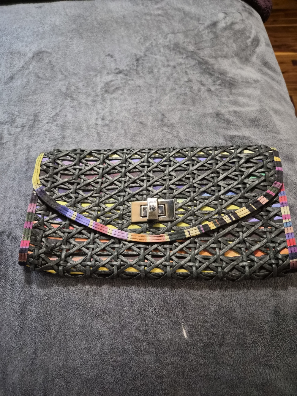Vintage Ted Baker Woven Black Multicolor Clutch with Turn-Lock Closure